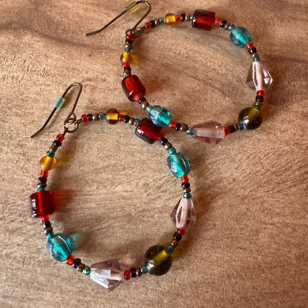 Handmade Glass Artisan Boho Dangle Hoop Earrings Hippie Bohemian Southwestern